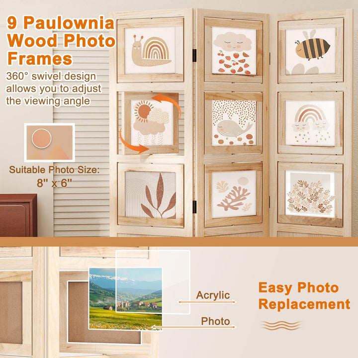 Giantex 3 Panel Room Divider with 9 Rotating Picture Frames