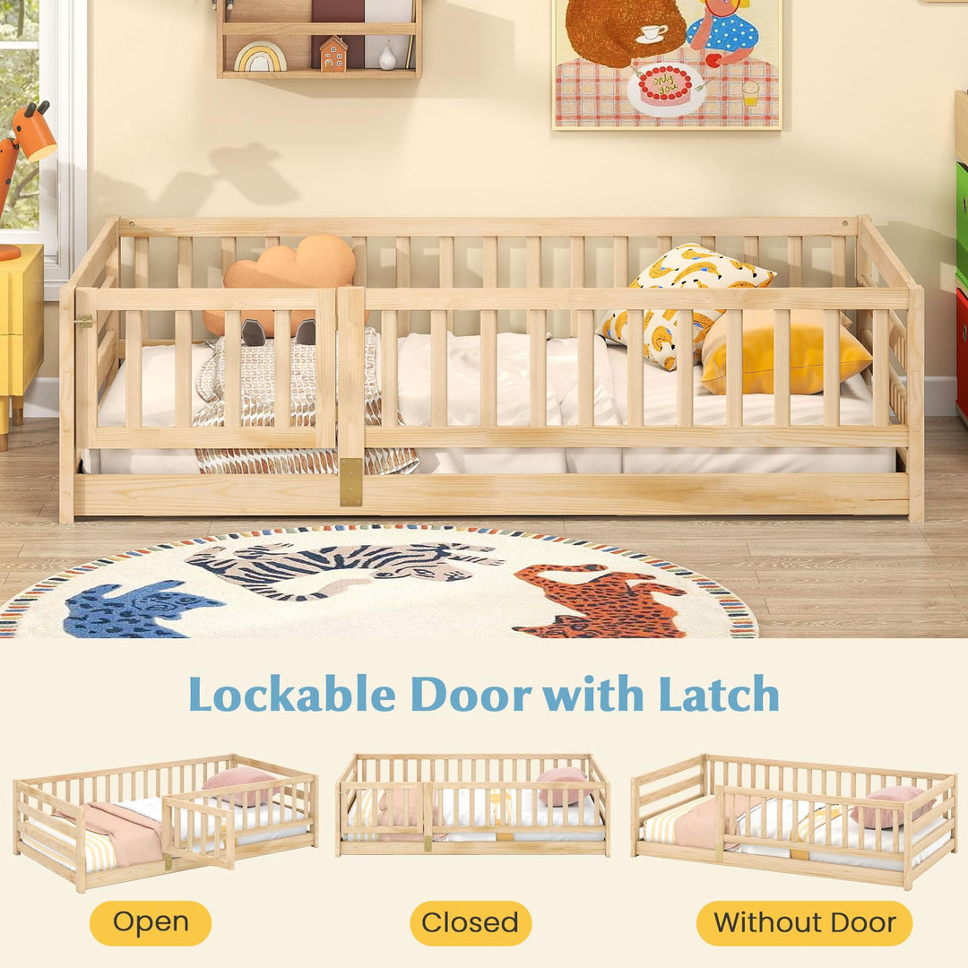 Giantex Twin Floor Bed with High Fence & Door