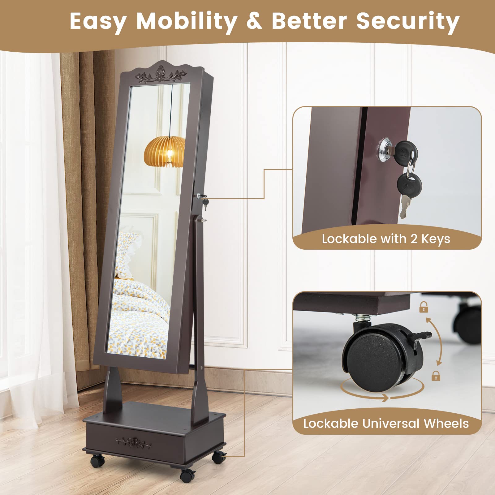 CHARMAID 6 LEDs Rolling Jewelry Cabinet with High Full Length Mirror, Lockable Standing Jewelry Armoire with Wheels