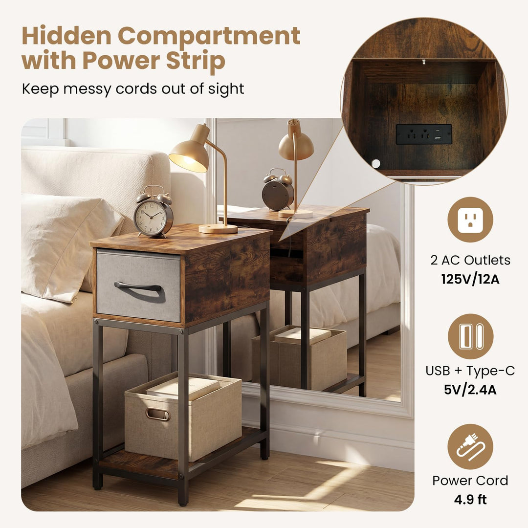 Giantex Narrow Side Table with Charging Station and LED Lights Industrial End Table