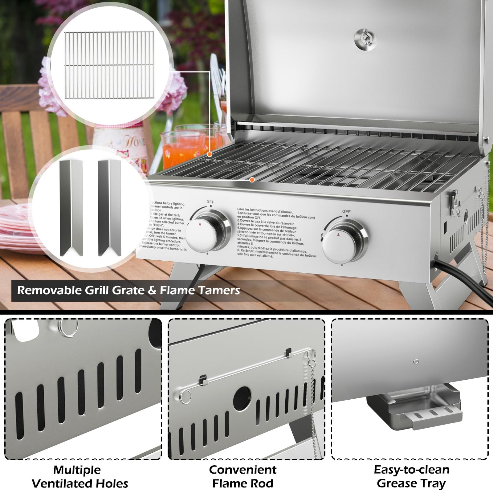 Giantex Portable Gas Grill - Tabletop Propane Grill with 2 Burners, 20,000 BTU total, Built-in Thermometer