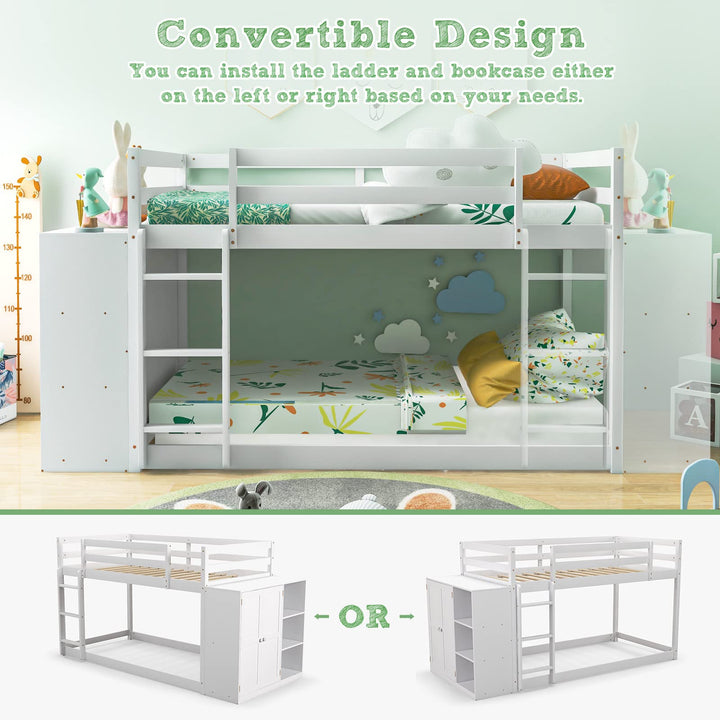 Giantex Twin Over Twin Bunk Bed with Storage Shelves, Solid Wood Bunk Bed Frame with Convertible Bookcase & Ladder, White