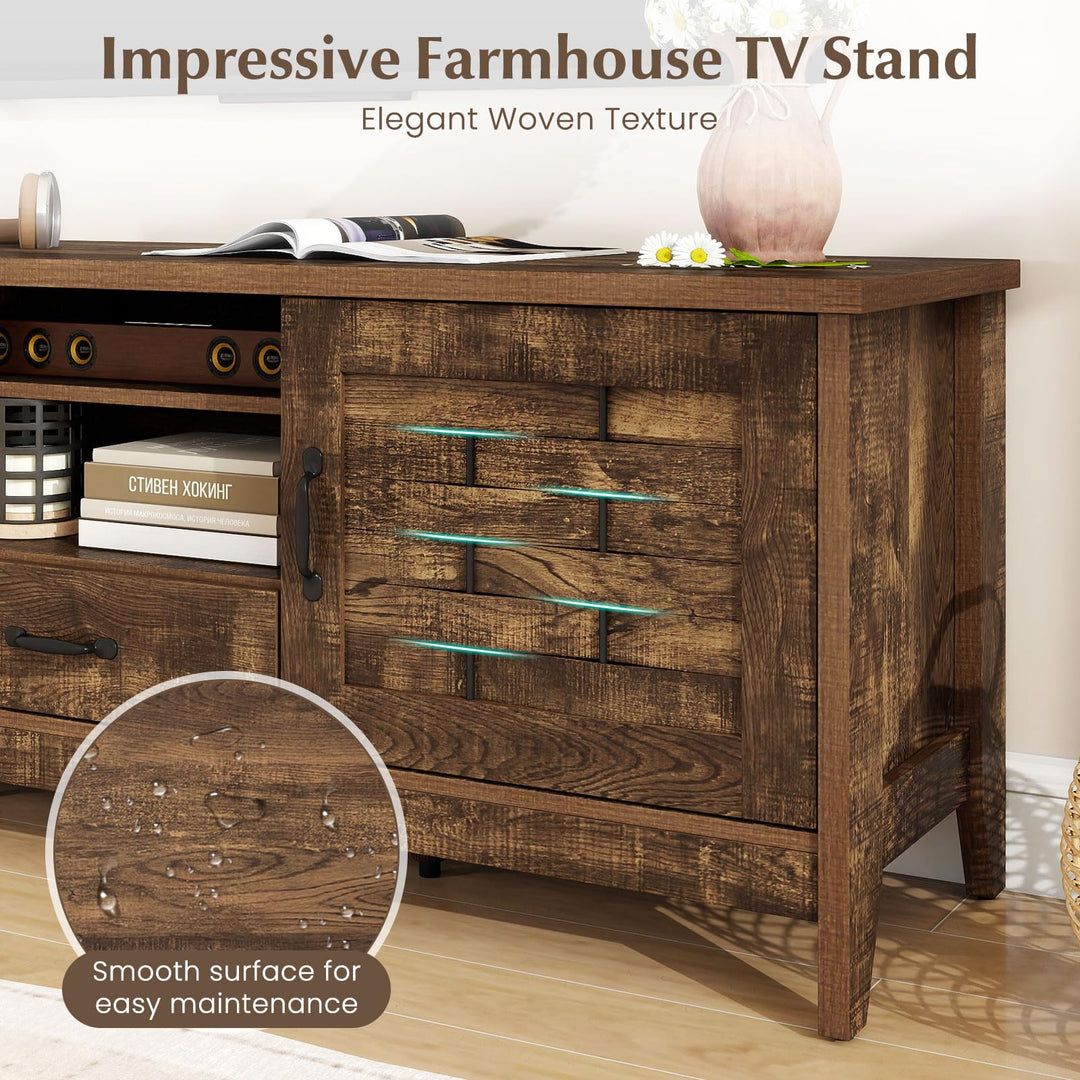 Giantex Farmhouse TV Stand for 65 Inch TVs 59" Wood Entertainment Center with 2 Woven Accent Doors