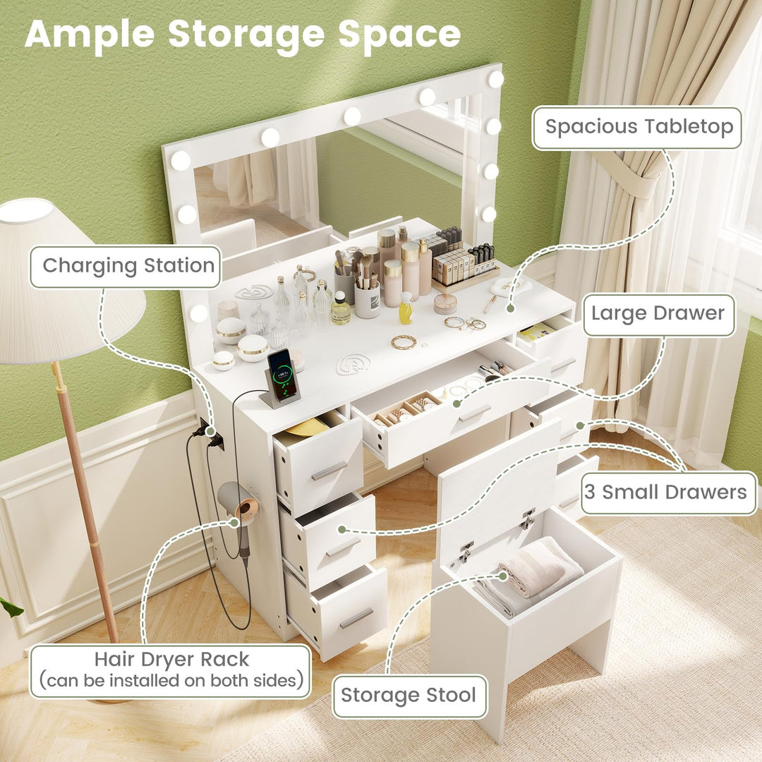 Vanity Desk with Large Mirror and Lights with Charging Station