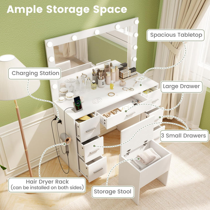 Vanity Desk with Large Mirror and Lights with Charging Station