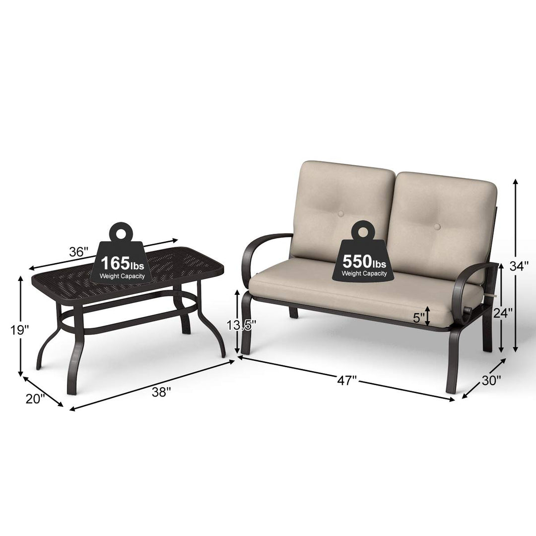 2 Pcs Patio Loveseat with Coffee Table Outdoor Bench with Cushion and Metal Frame