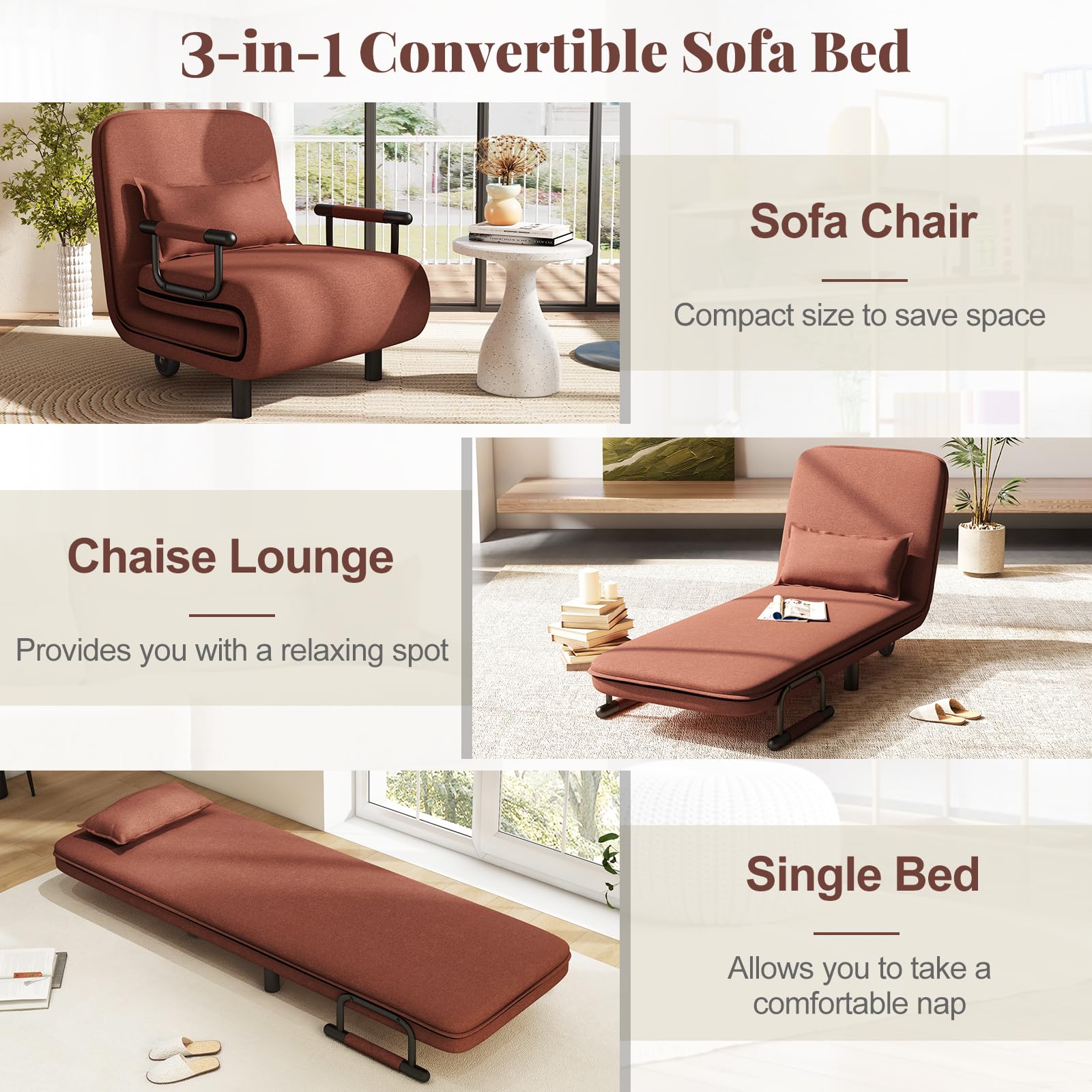 Giantex Convertible Sofa Bed, 3-in-1 Folding Sleeper Chair with 5-Position Adjustable Backrest