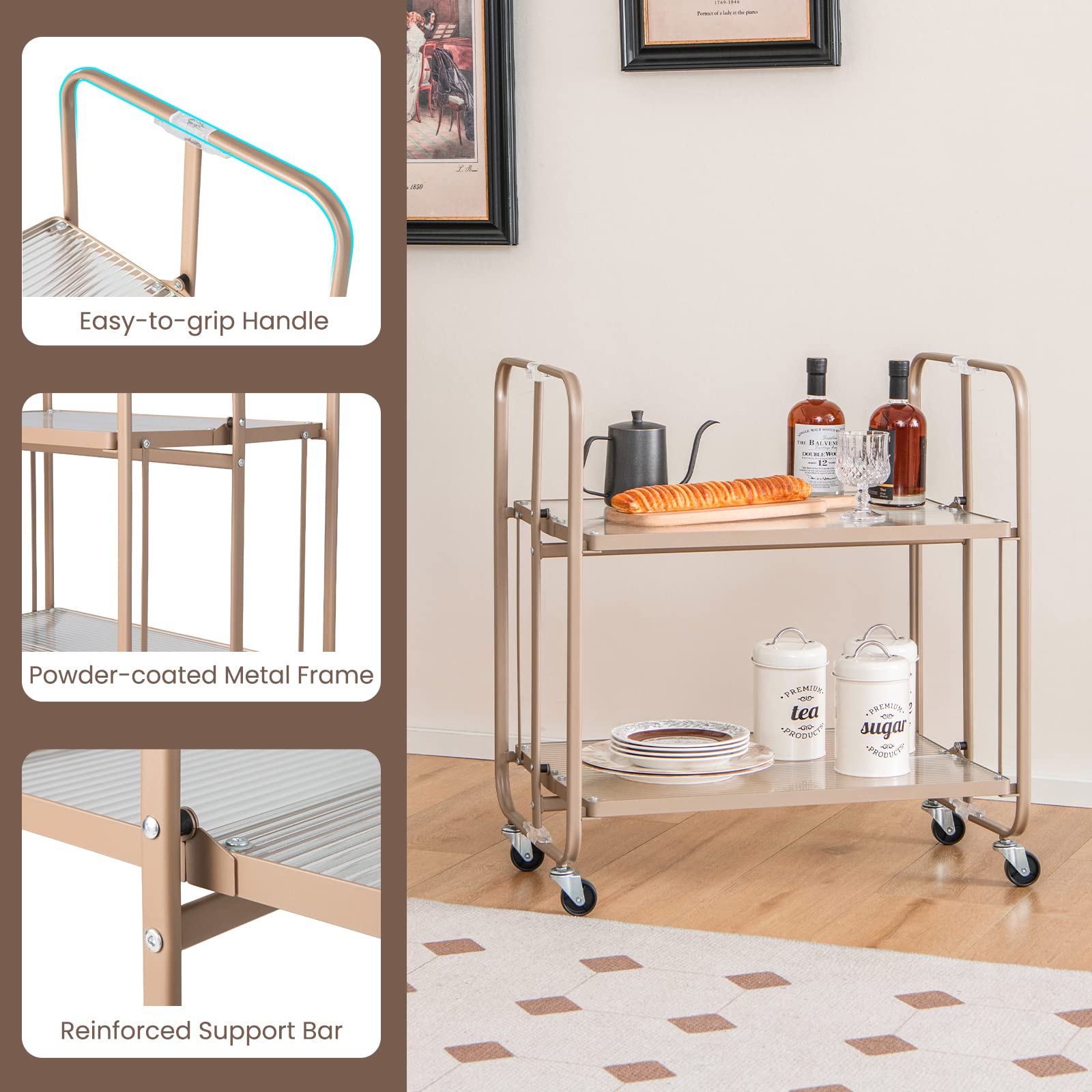 Giantex 2-Tier Mobile Serving Cart, Foldable Storage Cart on Wheels, Tempered Glass Shelf (Rose Gold)
