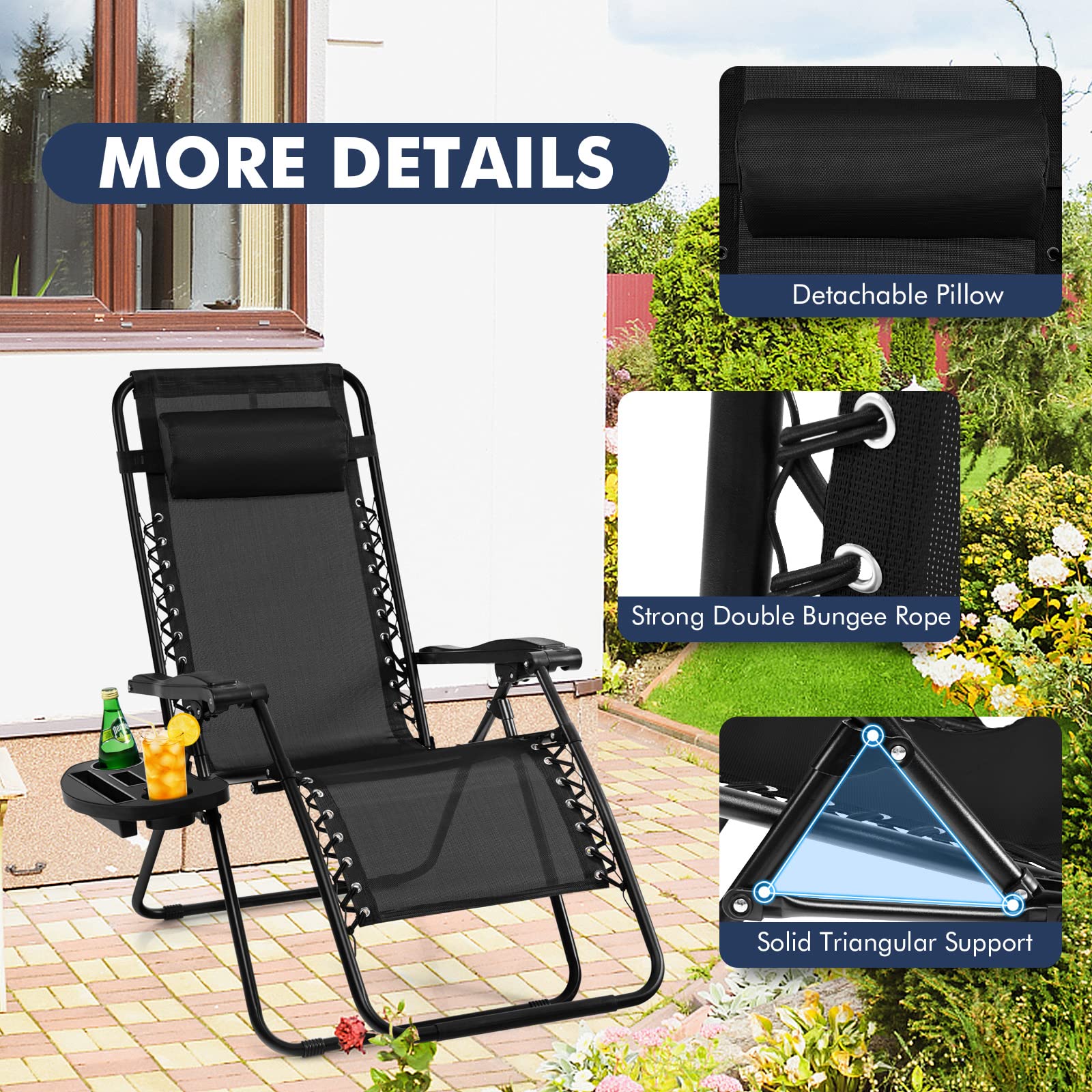 Outdoor Patio Recliner with Cup Holder & Removable Pillow
