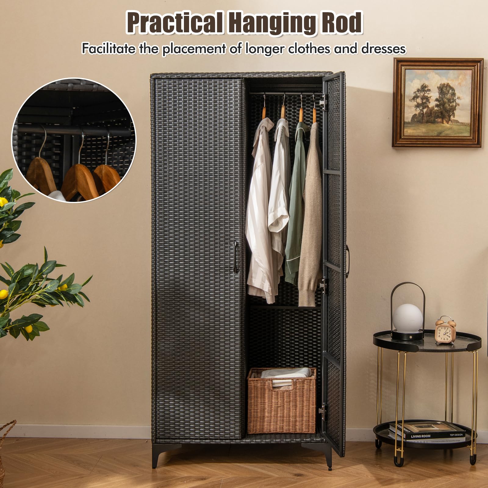 Giantex Wicker Storage Cabinet, 62” Tall Pantry Cabinet with 2 Doors, Hanging Rod, 4 Storage Cubes