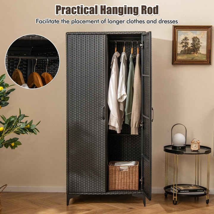 Giantex Wicker Storage Cabinet, 62” Tall Pantry Cabinet with 2 Doors, Hanging Rod, 4 Storage Cubes