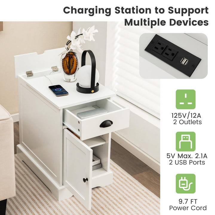 Giantex End Table with Charging Station Set of 2, Flip Top Side Table with USB Ports and Outlets, White