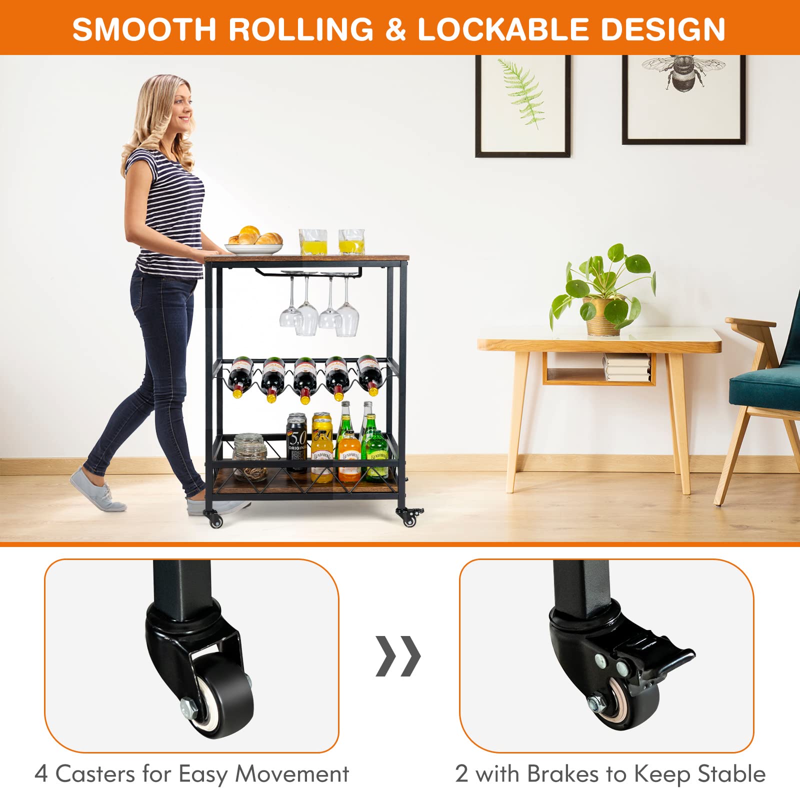 3-Tier Rolling Kitchen Island Cart Industrial Style Trolley Serving Cart