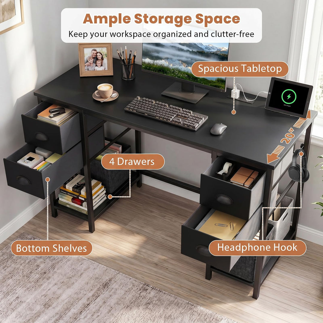 Giantex 48" Computer Desk with Power Outlet &amp; 4 Fabric Drawers