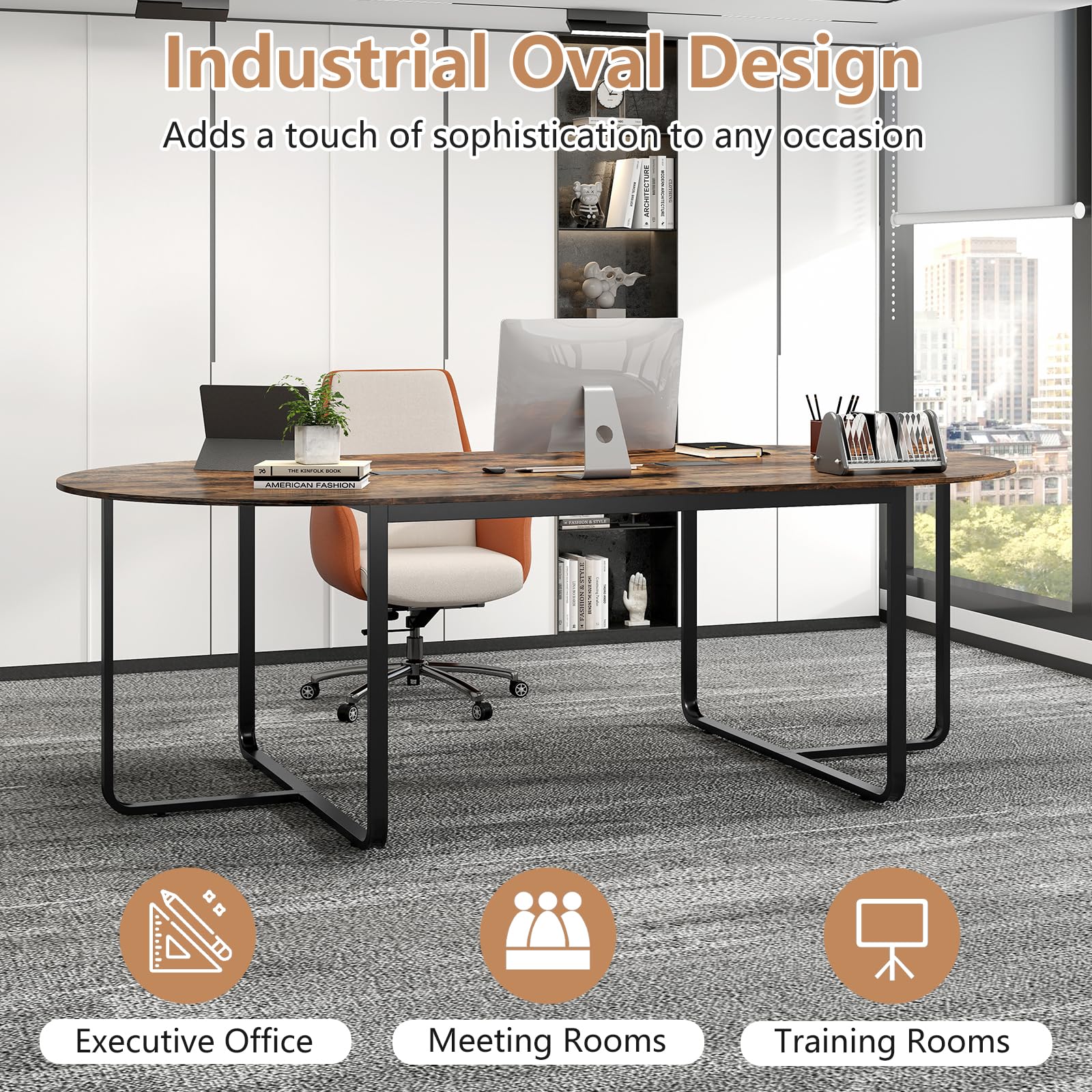 Giantex Large Oval Meeting Table for 10 to 12 People with Dual Cable Holes and Metal Legs