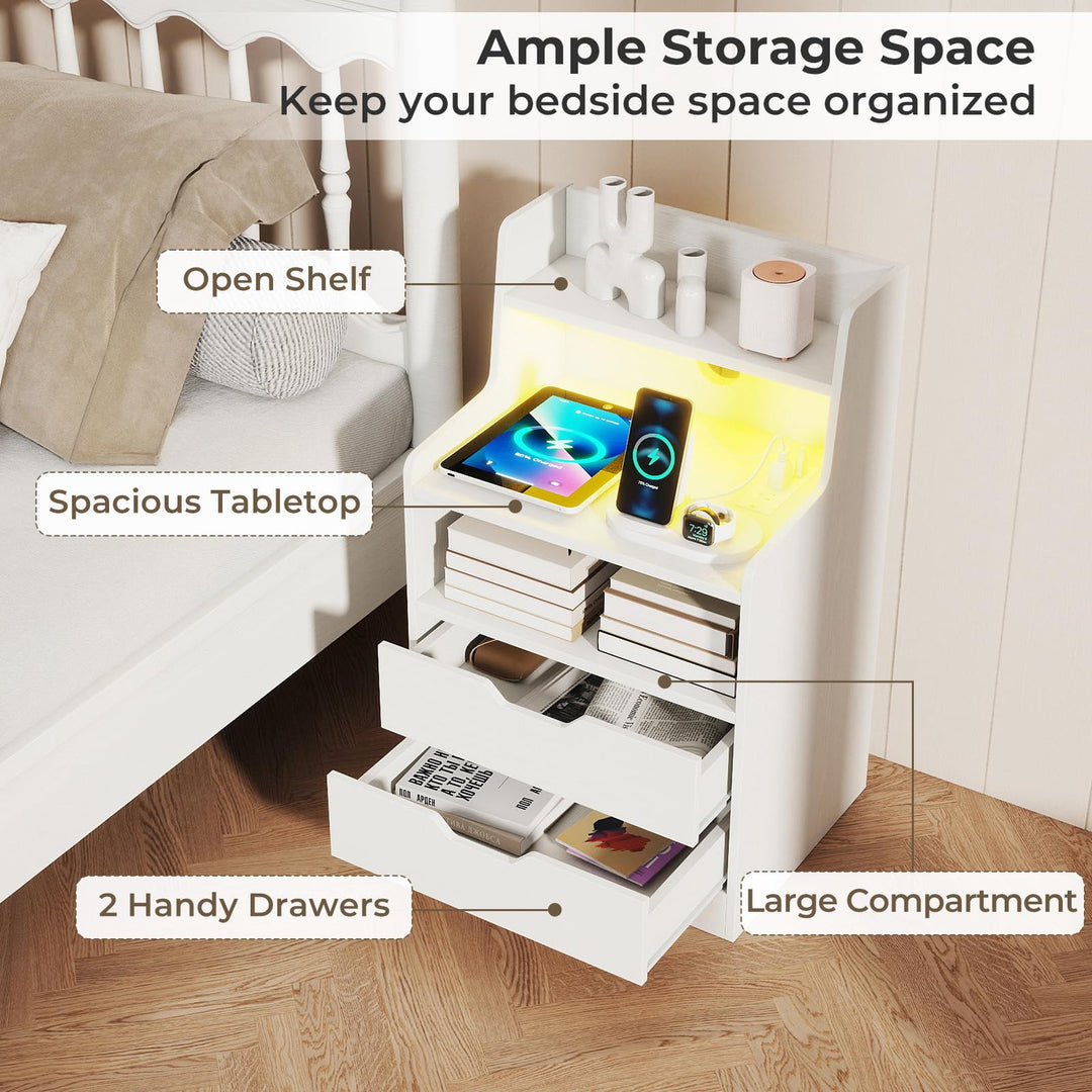 Giantex Nightstand with LED Light and Charging Station for Living Room Bedroom