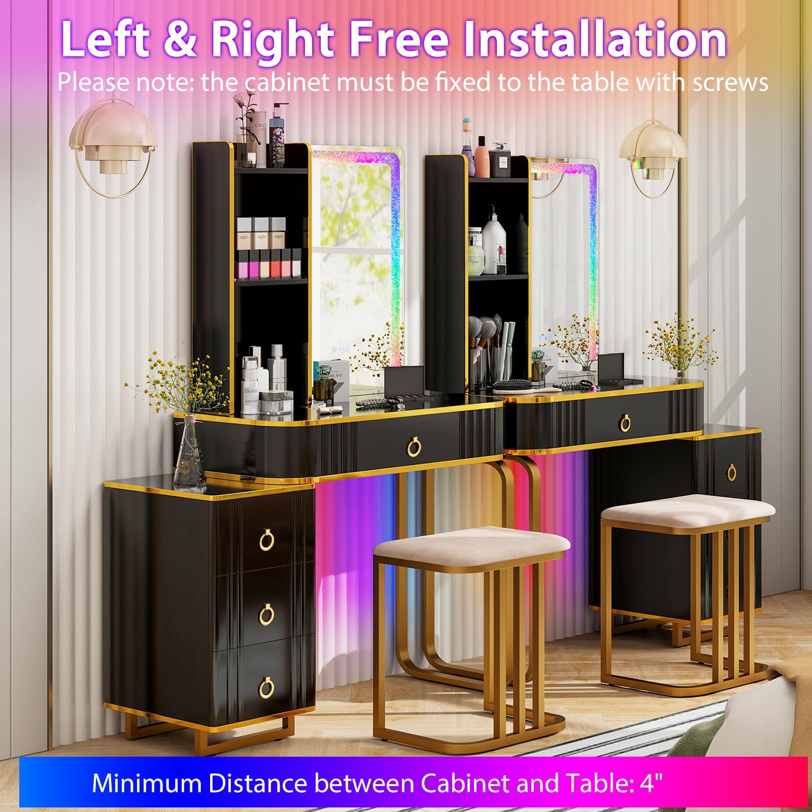 CHARMAID RBG LED Makeup Vanity Table, Colorful Lighted Mirror, 7 Dynamic & 7 Static Modes, 3-Drawer Chest