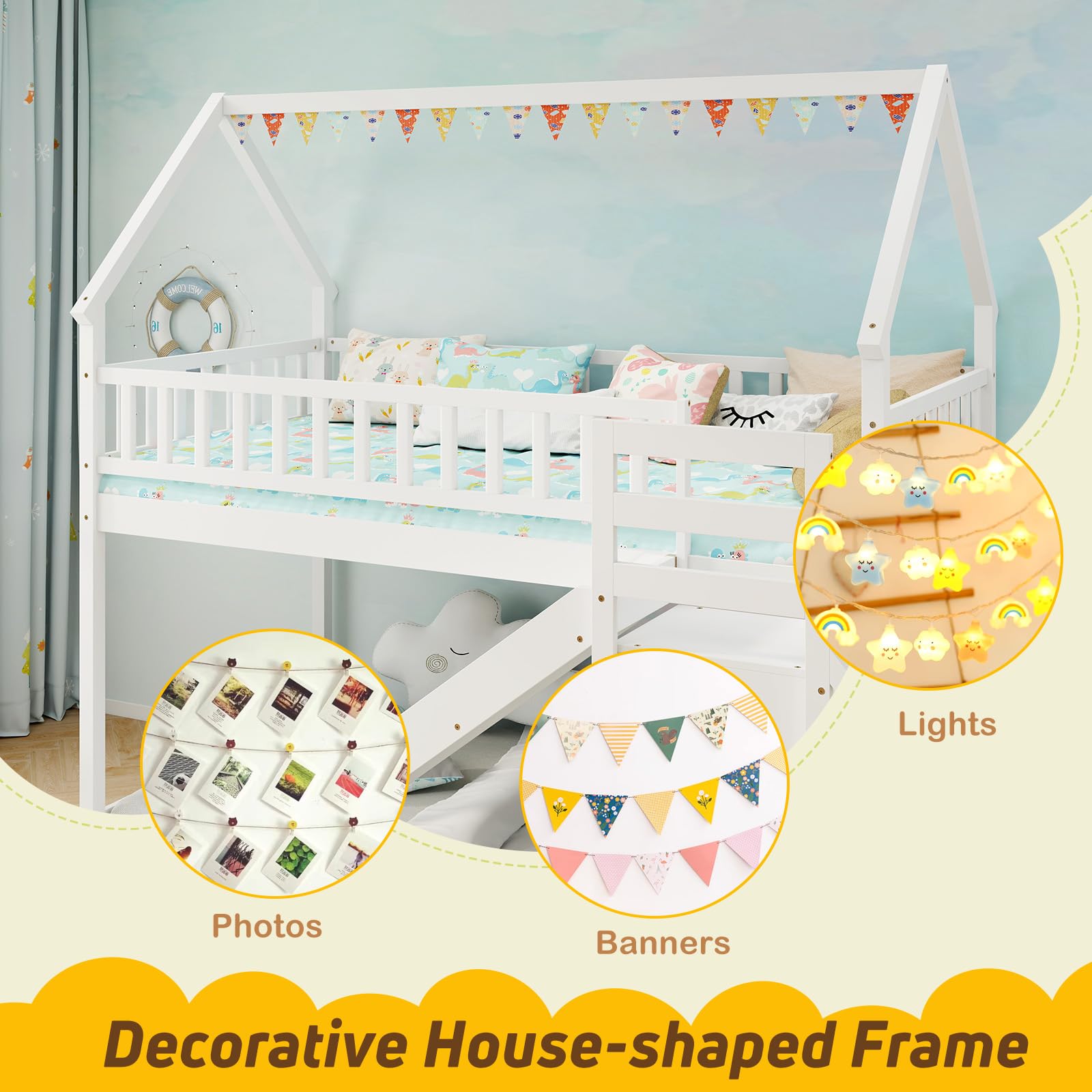 Giantex House Bunk Bed Twin Over Twin with Slide & Stairs, No Box Spring Needed, Twin Floor Bunk Bed for Kids Teens Boys Girls, White