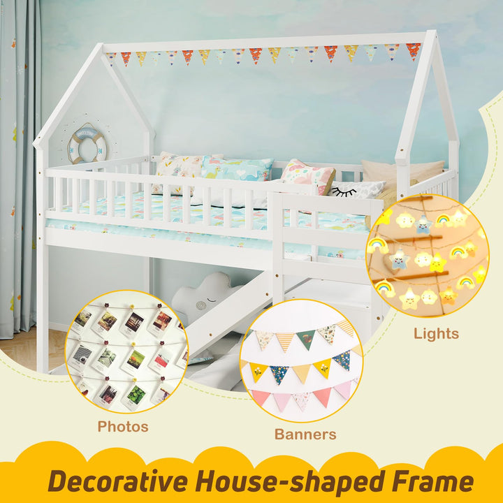 Giantex House Bunk Bed Twin Over Twin with Slide and Stairs