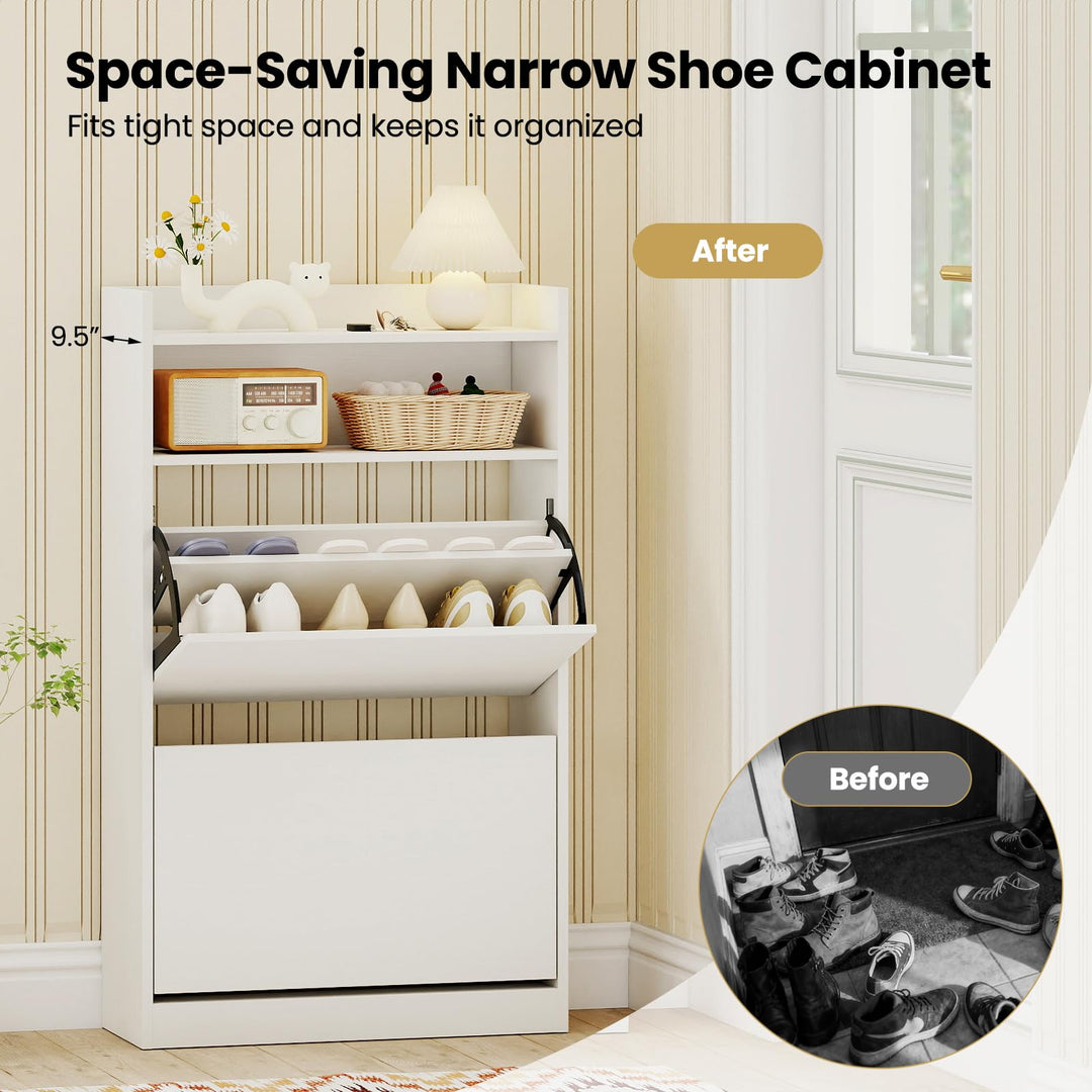 Giantex Shoe Cabinet with 2 Flip Drawers Freestanding Narrow Shoe Organizer Cabinet