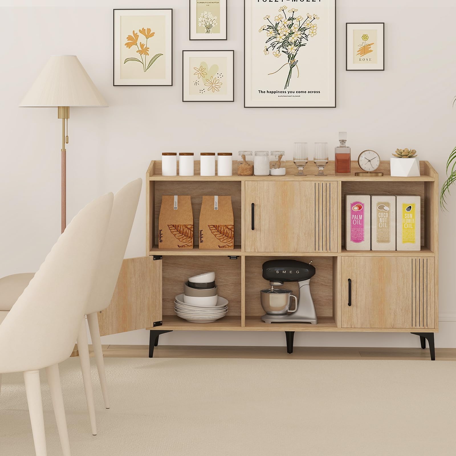 Giantex Storage Cabinet, Sideboard with 3 Doors, 3 Open Compartments, Bookcase with 5 Raised Metal Legs
