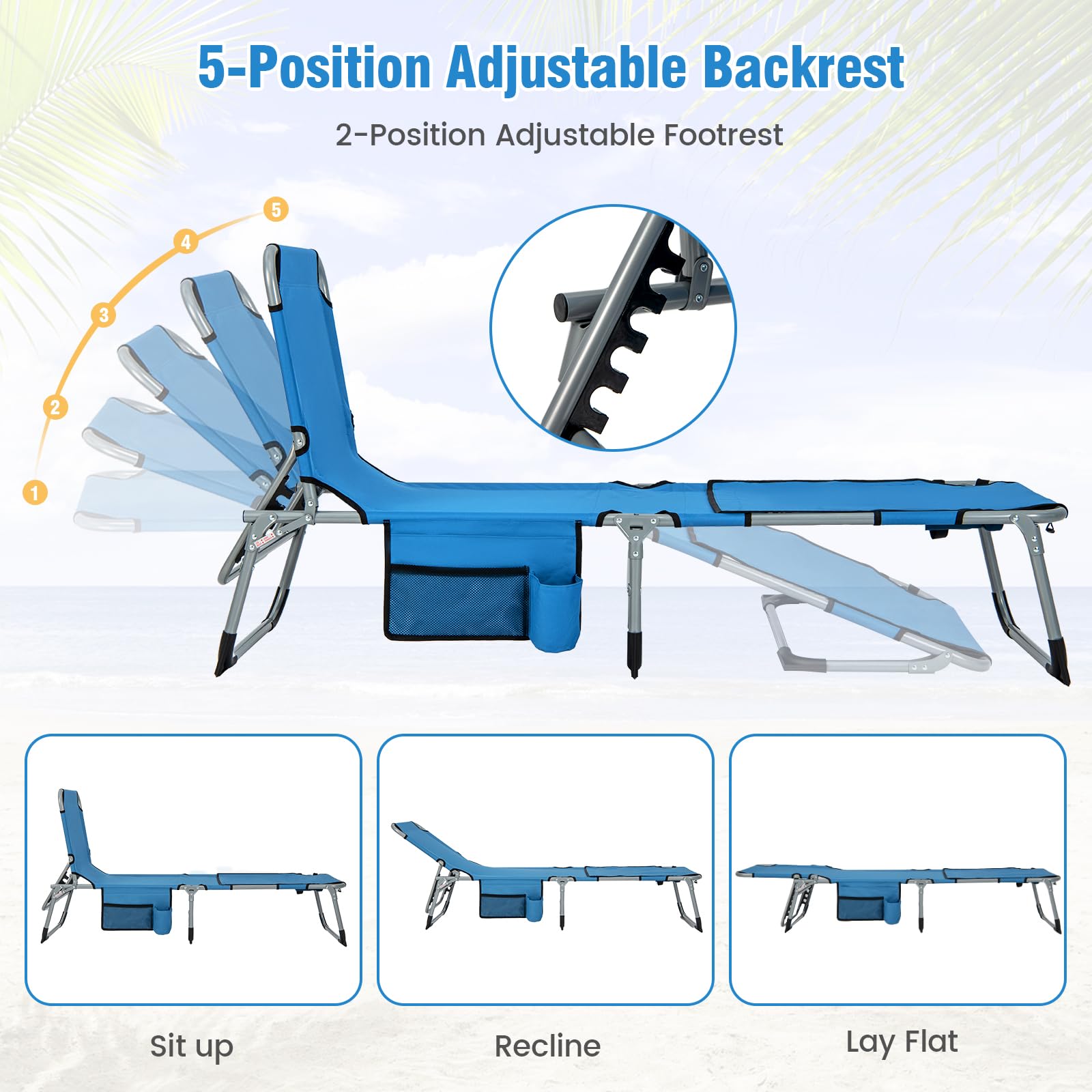 Giantex Folding Beach Tanning Chair - Outdoor Chaise Lounge Chair, 5-Position Adjustable Lounger with Face Hole