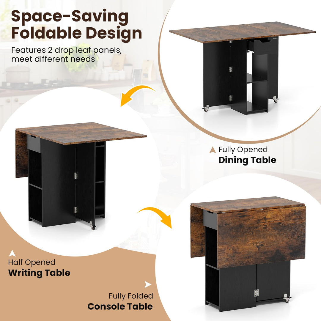 Giantex 47.5" Folding Dining Table | Drop Leaf Wooden Dinner Table with 2-Tier Storage Shelf and Drawer