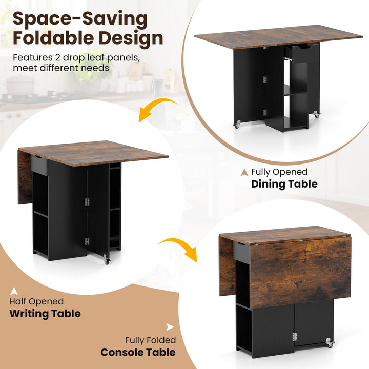 Giantex 47.5" Folding Dining Table | Drop Leaf Wooden Dinner Table with 2-Tier Storage Shelf and Drawer