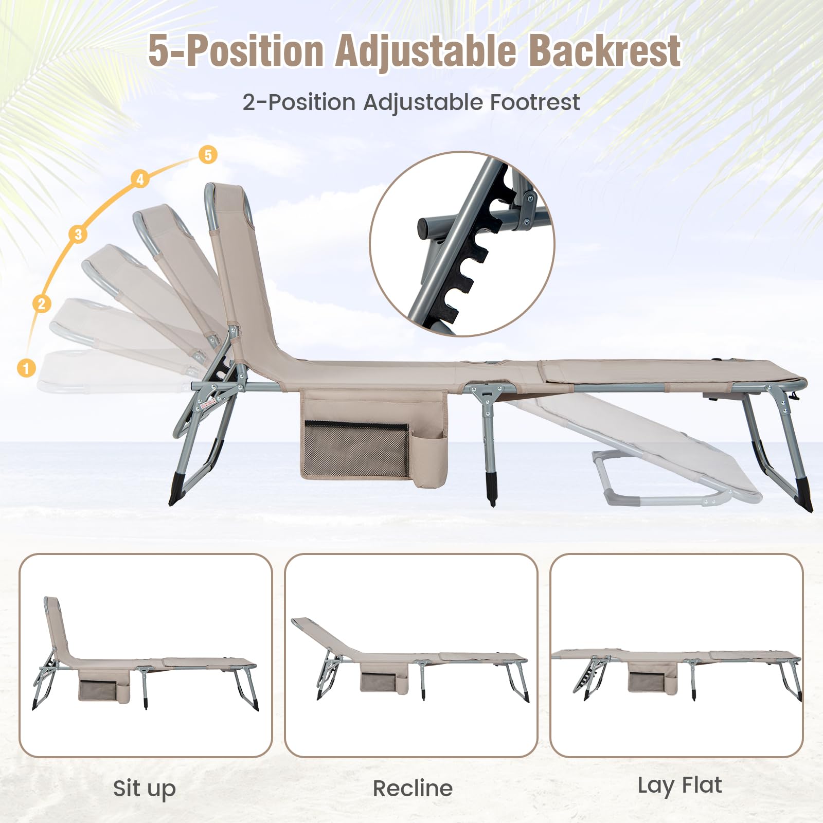 Giantex Folding Beach Tanning Chair - Outdoor Chaise Lounge Chair, 5-Position Adjustable Lounger with Face Hole