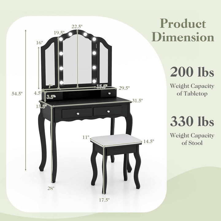 CHARMAID Vanity Desk with Lights - Makeup Vanity Table with Tri-Fold Mirror, 10 Adjustable Hollywood LED Lights, 4 Storage Drawers
