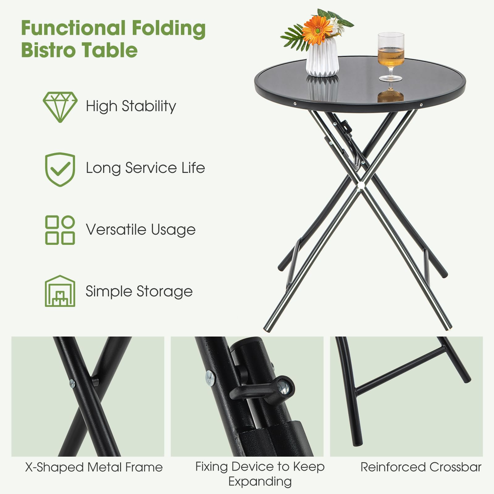 Giantex 23 Inch Round Bistro Table, Patio Folding Cocktail Table with Tempered Glass Tabletop