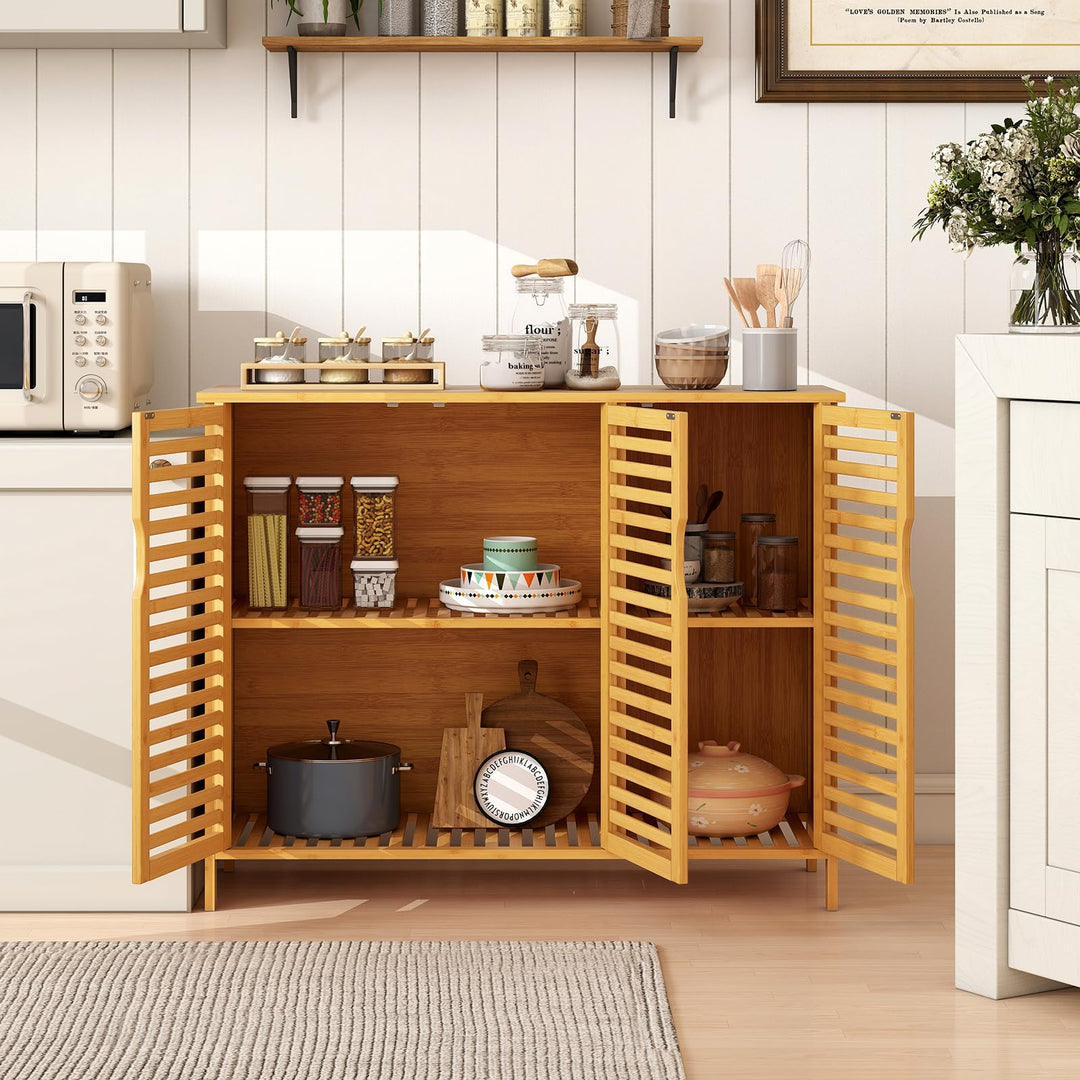 Giantex Bamboo Bathroom Storage Cabinet 3-Door Storage Organizer with Shelves