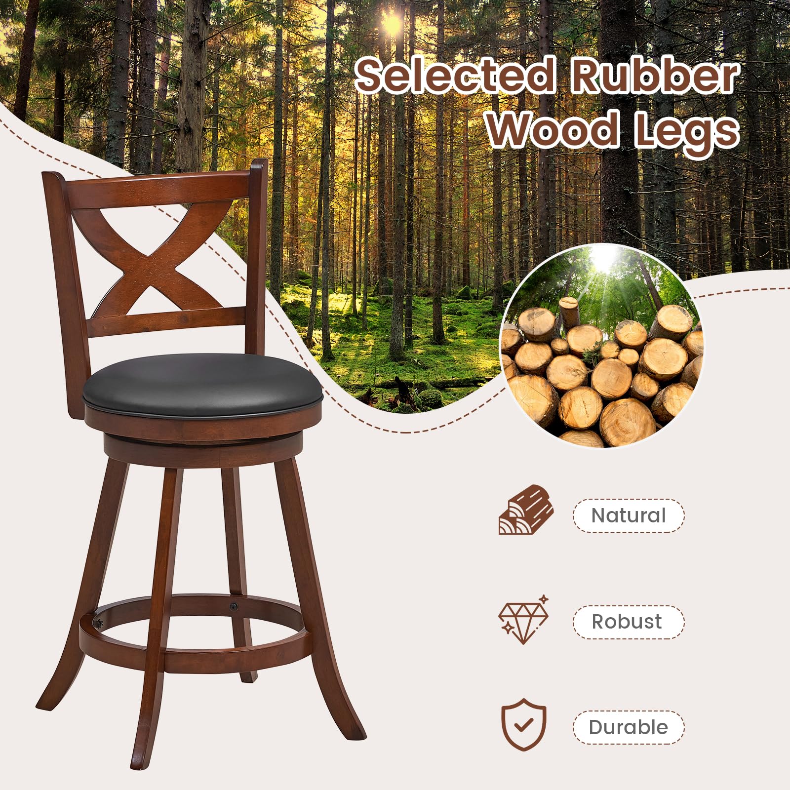 Giantex Swivel Bar Stools Set of 2, Farmhouse Wooden Barstools with Back