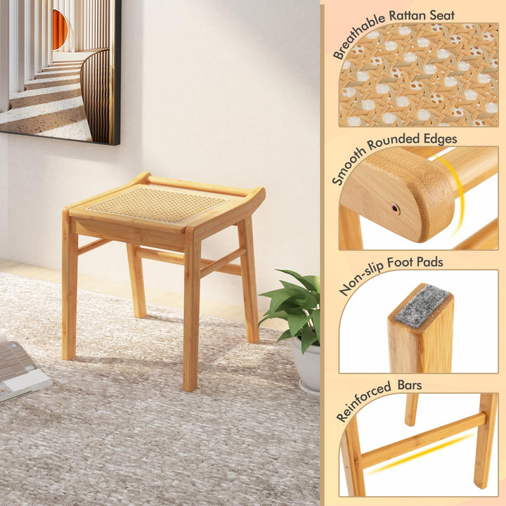 CHARMAID Vanity Stool, Bamboo Ottoman Foot Rest with Rattan Seat, Anti-Slip Foot Pads