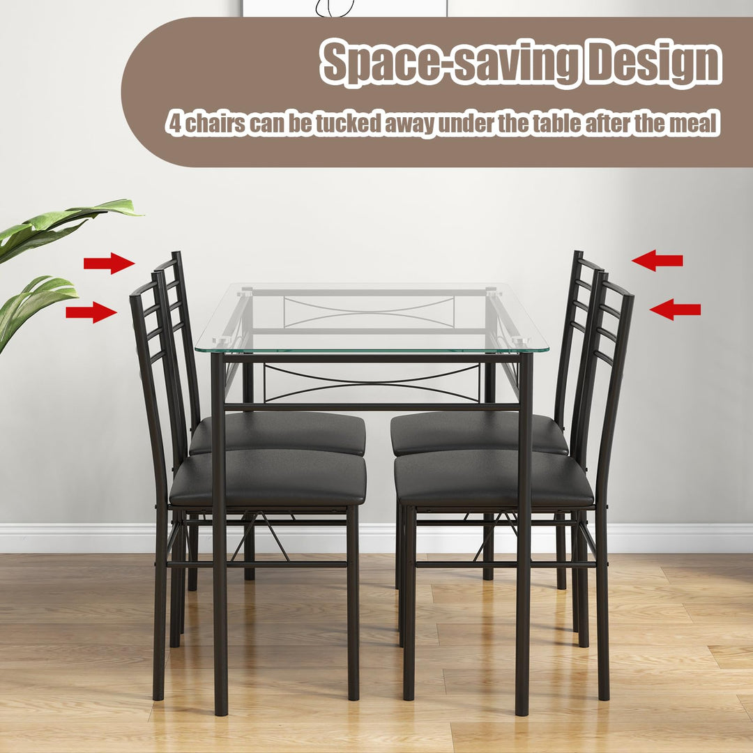 Giantex 5 Piece Dining Table Set, Kitchen Dining Set with Tempered Glass Table Top and 4 Upholstered Chairs (Black)
