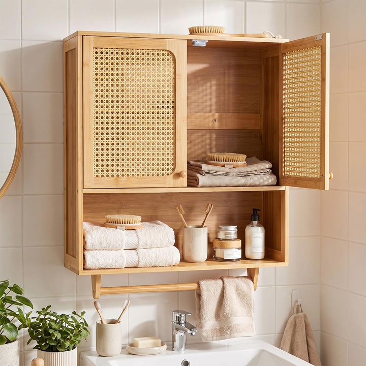 GIANTEX Wall Mounted Bamboo Bathroom Wall Cabinet with Towel Rack