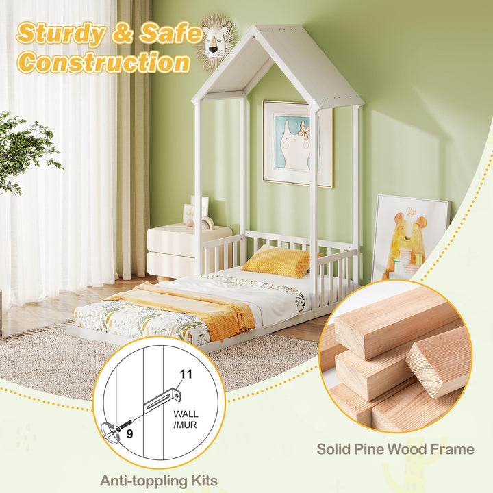 Giantex Twin Size House Bed Montessori Floor Bed with House Shape Roof & Semi-Fence