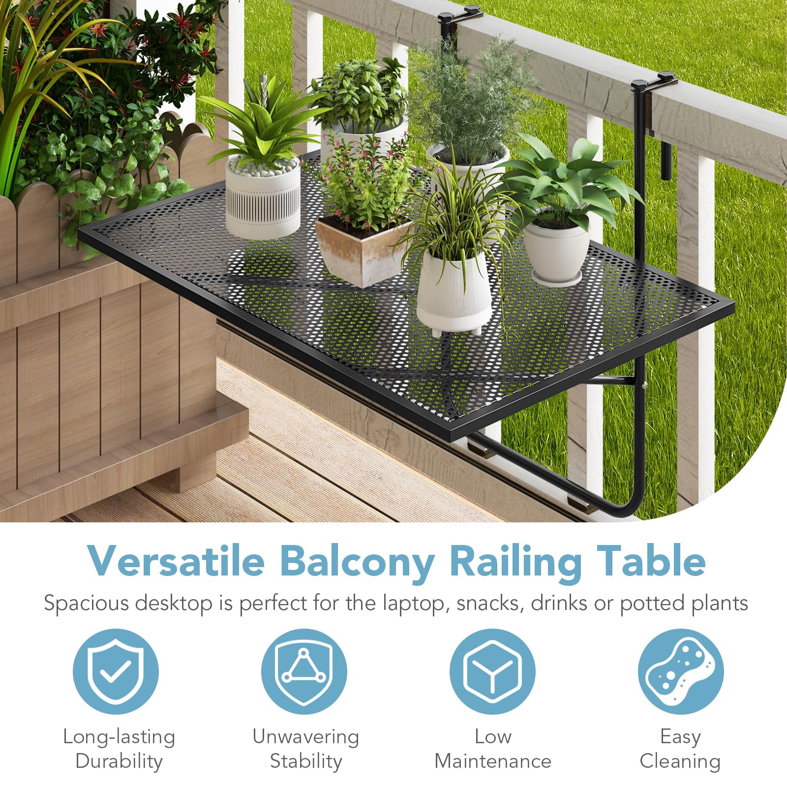 Giantex Balcony Table, Folding Outdoor Side Table for Railings Up to 2.4" Thick, Space-saving Railing Serving Table with Metal Frame
