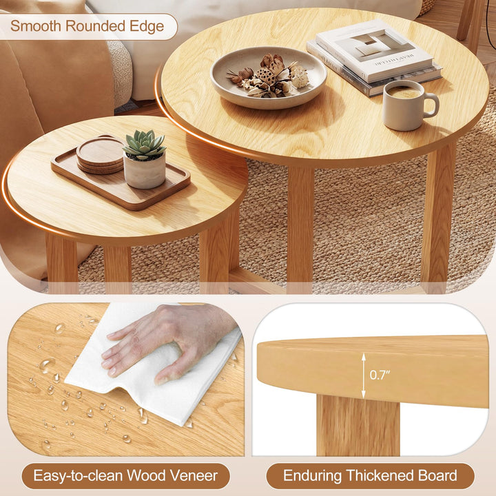 Giantex Farmhouse Round Nesting Coffee Table Set of 2 Wood Nesting End Tables
