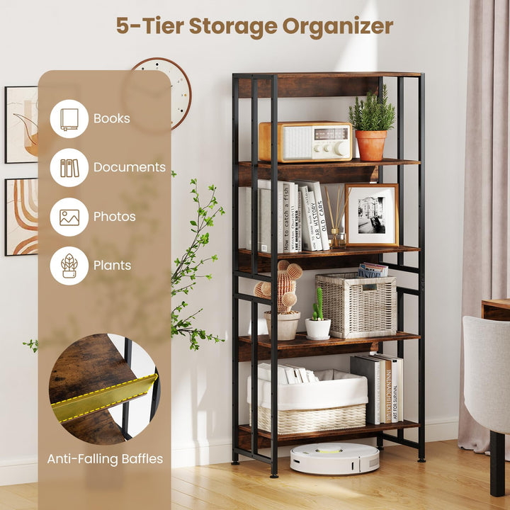 Giantex 5-Tier Bookshelf, 62" Tall Bookcase w/Tiltable Shelves, Metal Frame, Convertible Display Storage Rack