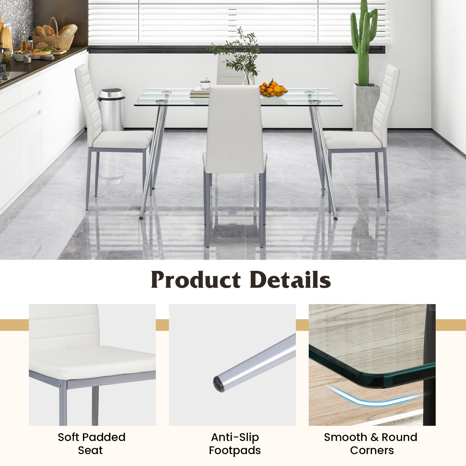 Giantex Dining Table Set for 4, Kitchen Table Chairs Set with 51” Rectangle Glass Dining Table