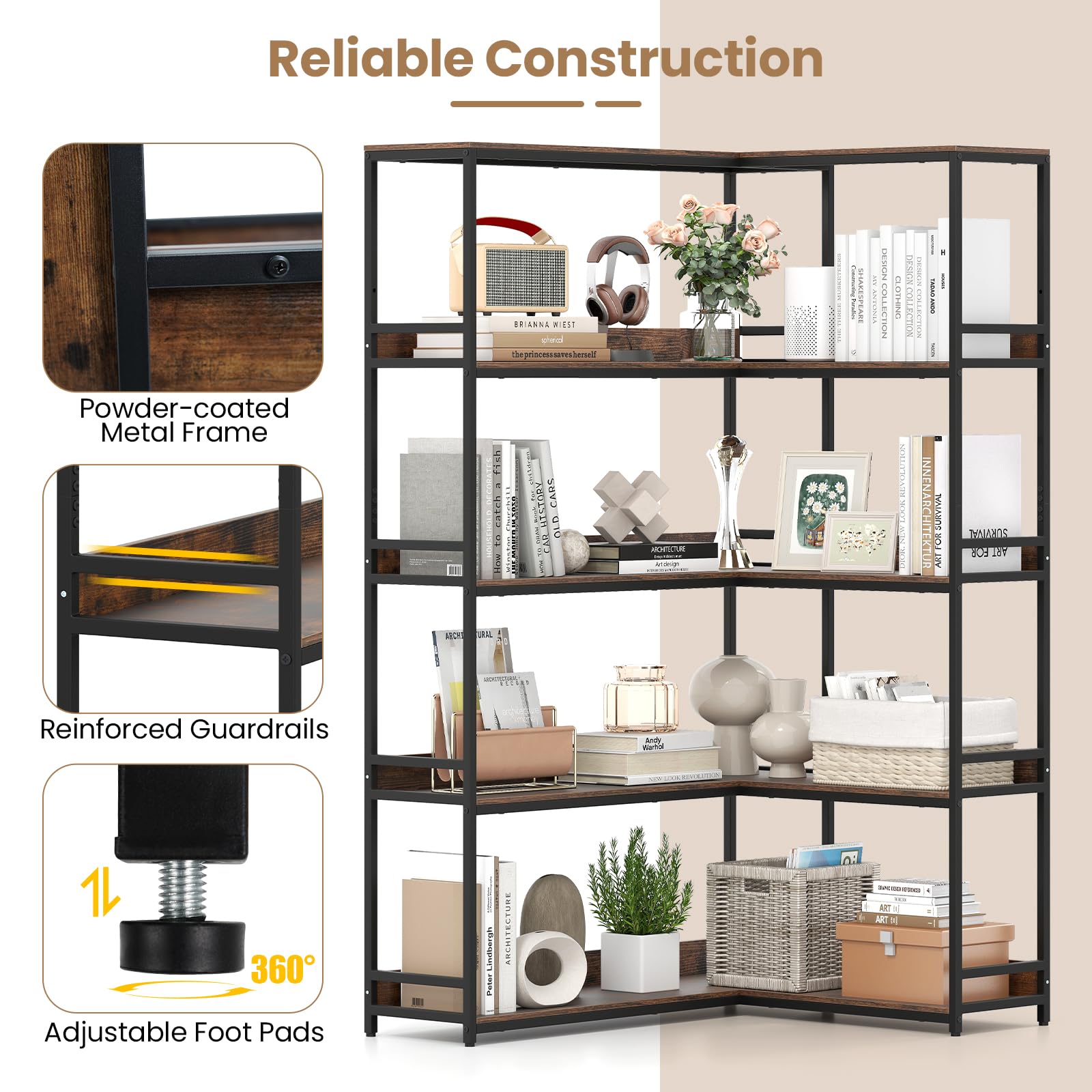 Giantex 5 Tier Corner Bookshelf with Metal Frame for Living Room