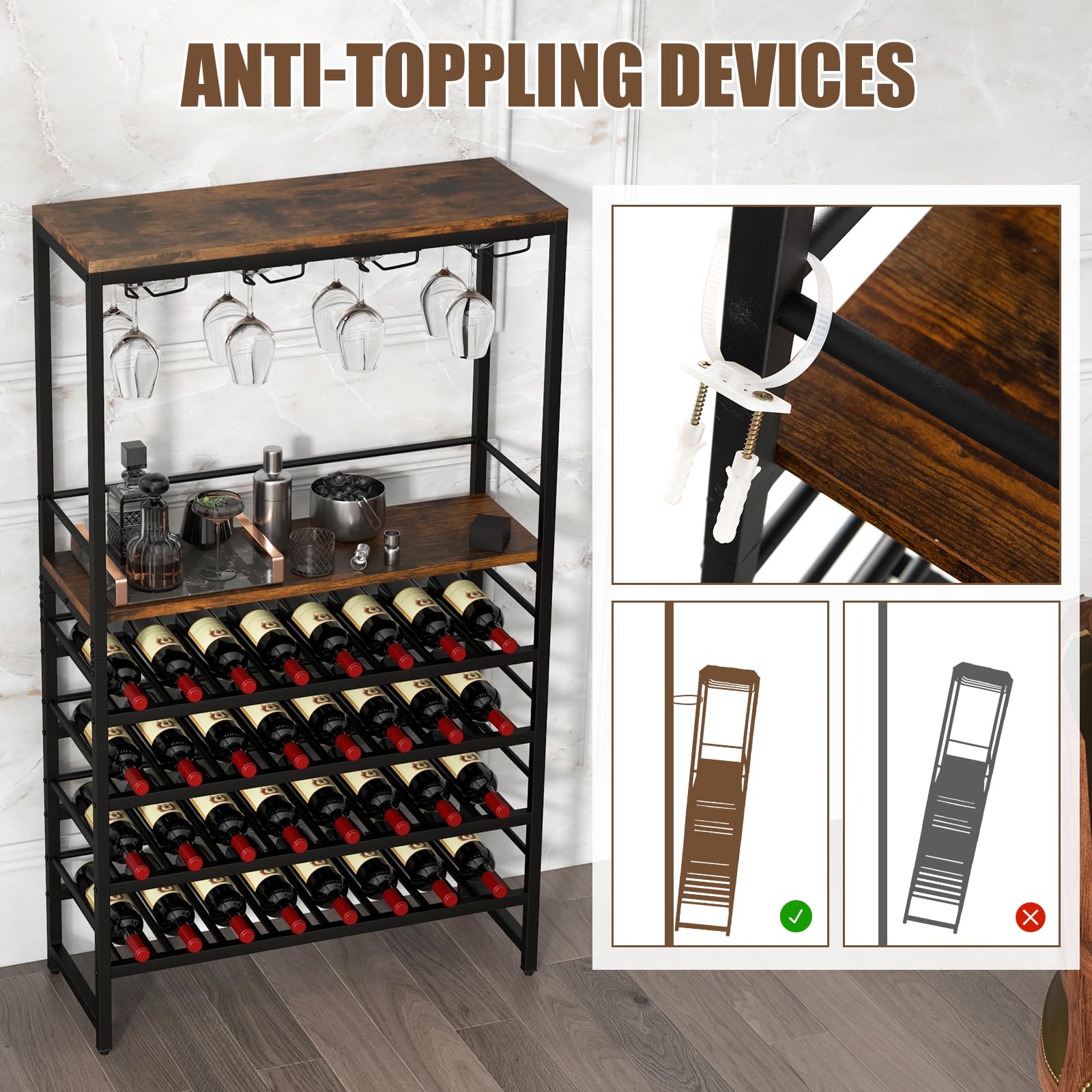 Floor Wine Rack w/ 4-Tier Wine Storage & 4 Rows of Stemware Racks