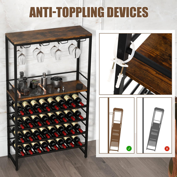 Floor Wine Rack w/ 4-Tier Wine Storage & 4 Rows of Stemware Racks