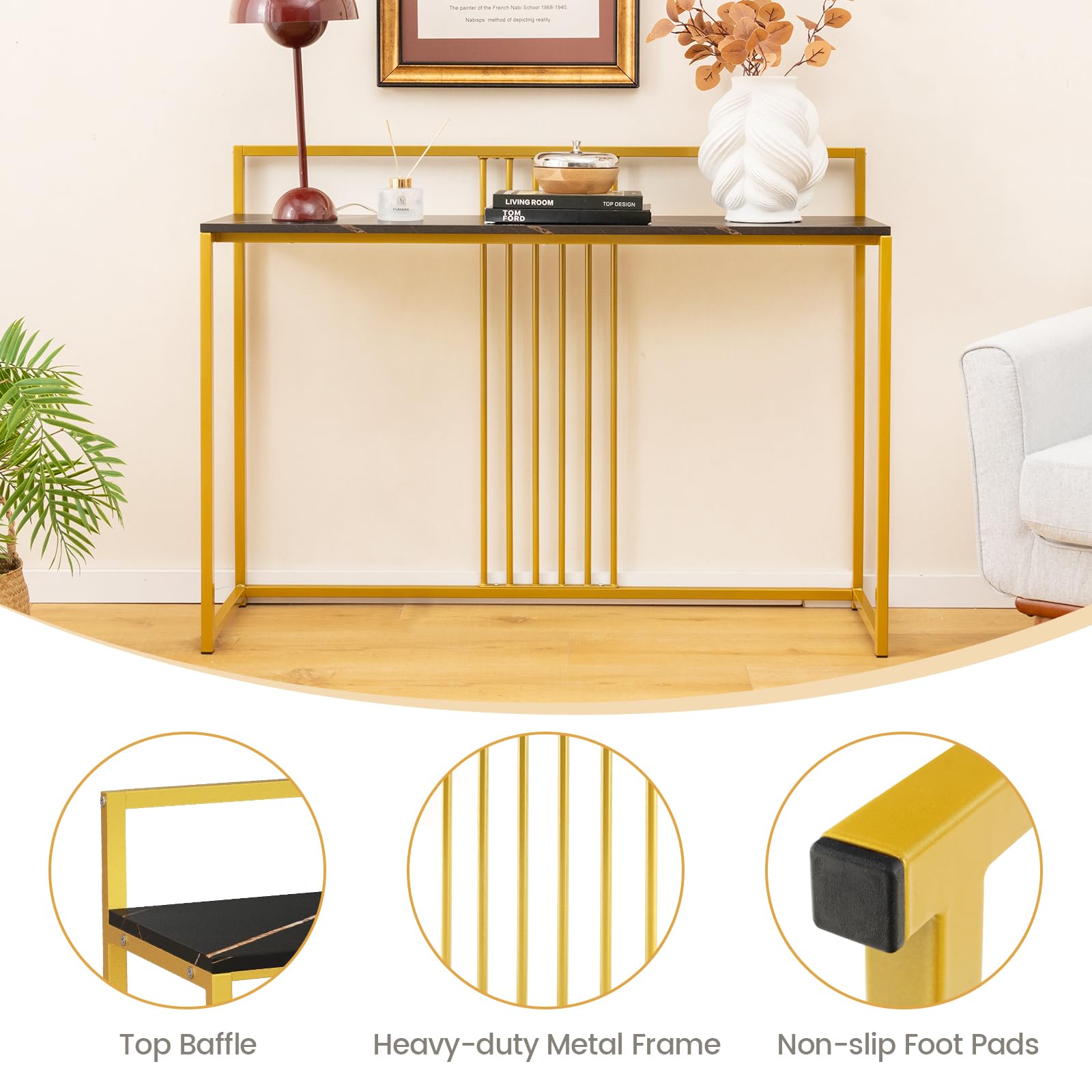 Giantex 47" Entryway Console Table - Narrow Hallway Table w/Sturdy Gold Metal Frame, Anti-Tipping Kits