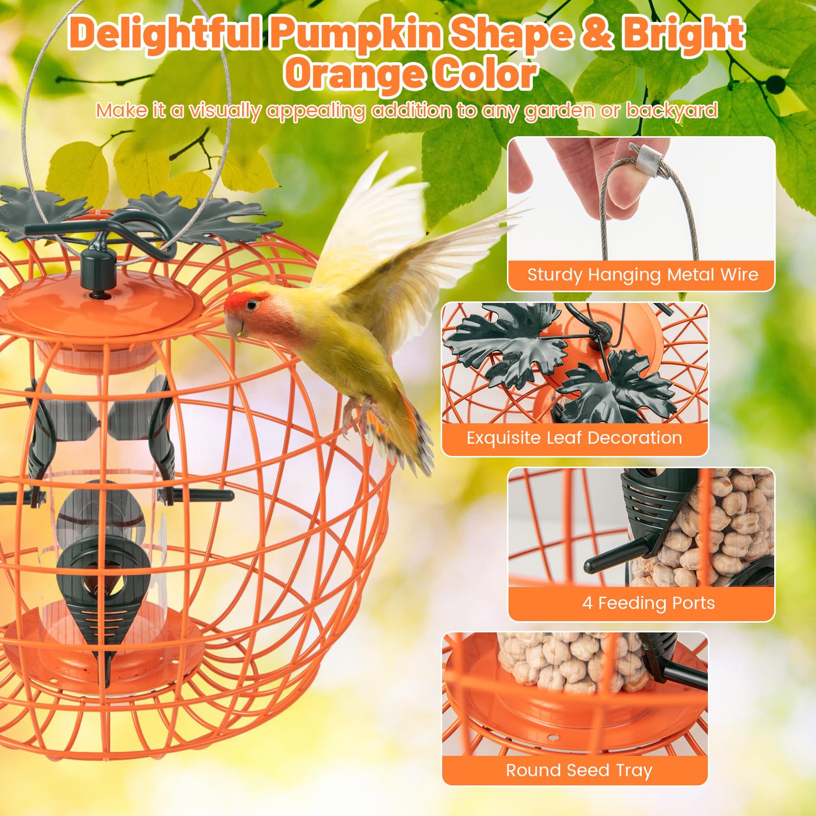 Giantex Bird Feeder, Hanging Wild Bird Feeders, Squirrel Proof Metal Frame, 4 Ports, 360° Feeding