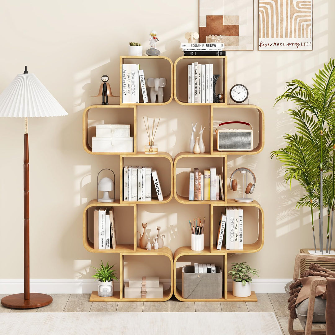 Giantex 5-Tier S-Shaped Bookcase Bamboo Bookshelf with Open Cubes
