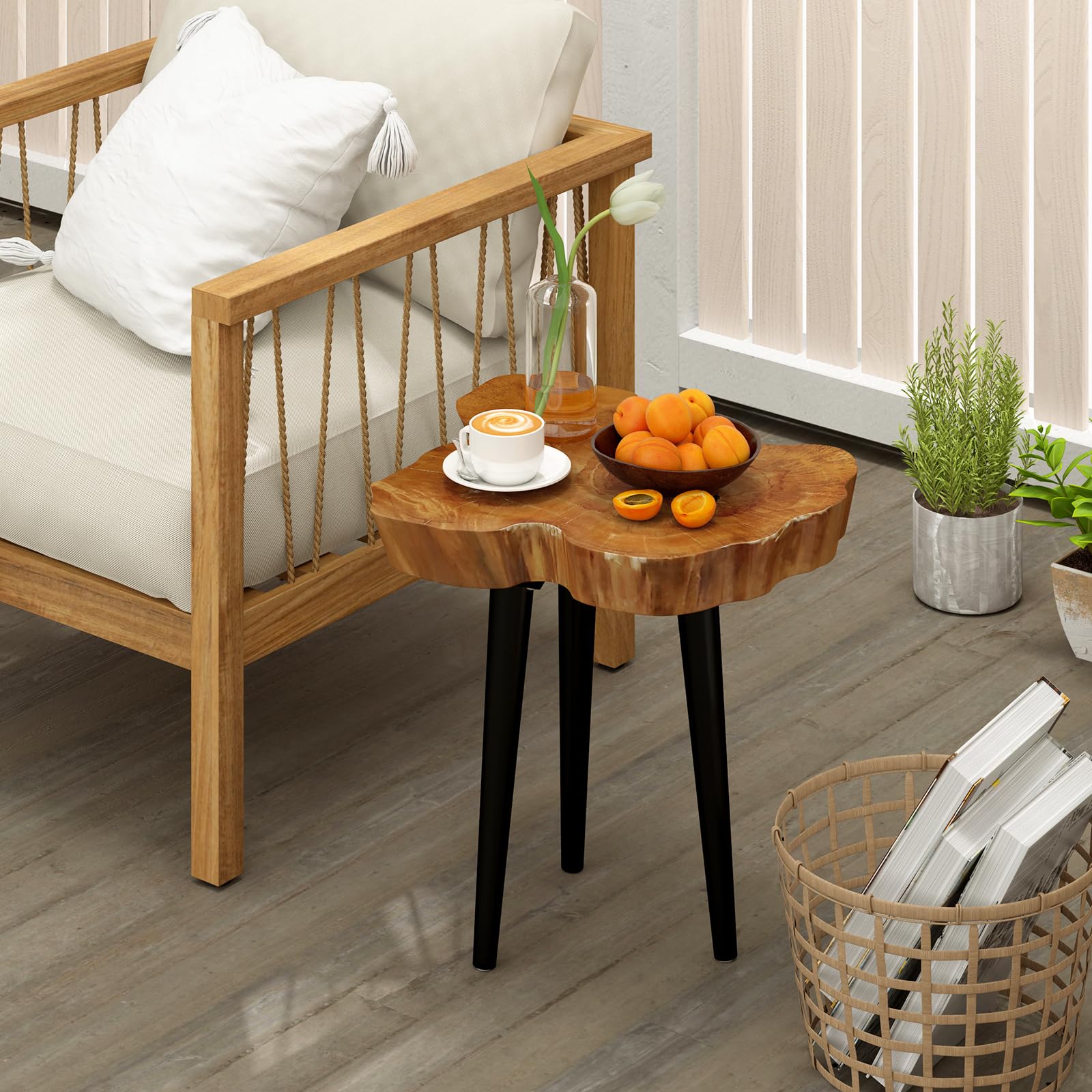 Giantex Teak Wood Outdoor Side Table - 18” End Table with Solid Live Edge, Irregular Tabletop, Mahogany Tapered Legs