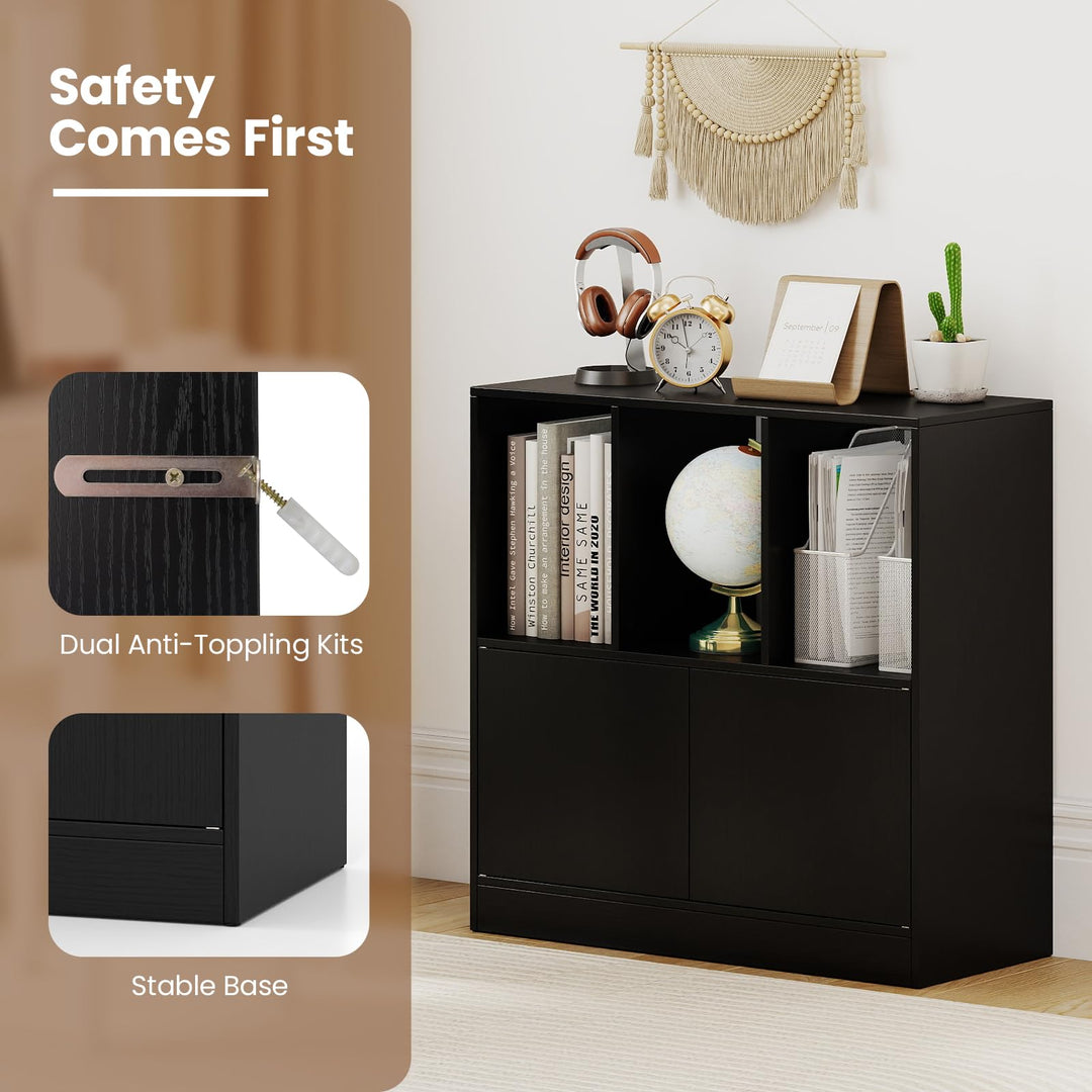 Giantex 3-Cube Bookcase with Doors | 3-Tier Cubic Bookshelf w/Open Compartments & Cabinet