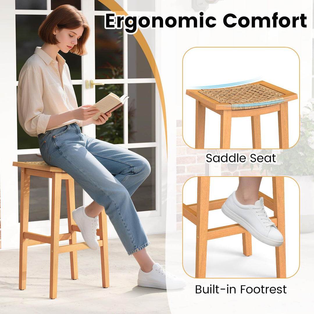 Giantex Outdoor Wooden 29" Bar Stools Set of 2/4 Backless Patio Barstools with PE Rattan Saddle Seat & Footrest